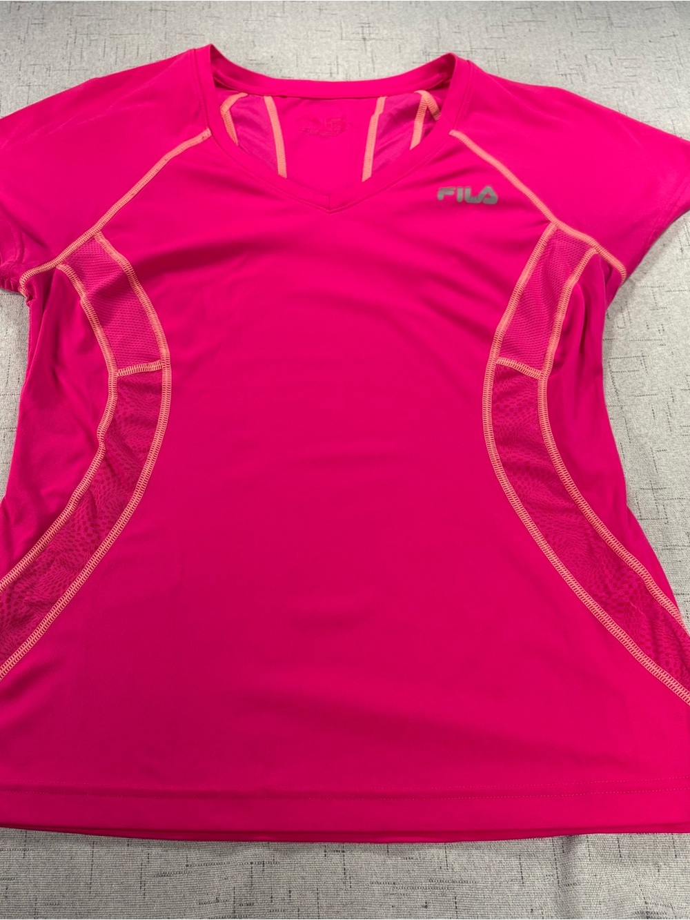 FILA Women's Bright Pink Short Sleeve V-Neck Athletic Tee with Peach Trim